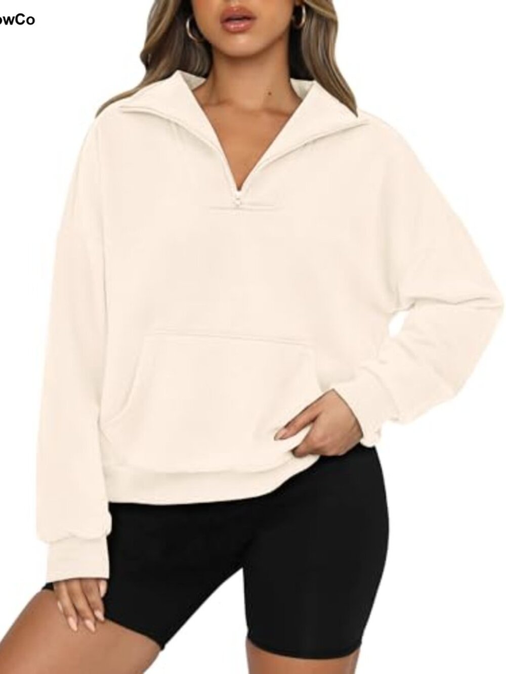 Women's Quarter Zip Crop Sweatshirt Long Sleeve Cotton Blend